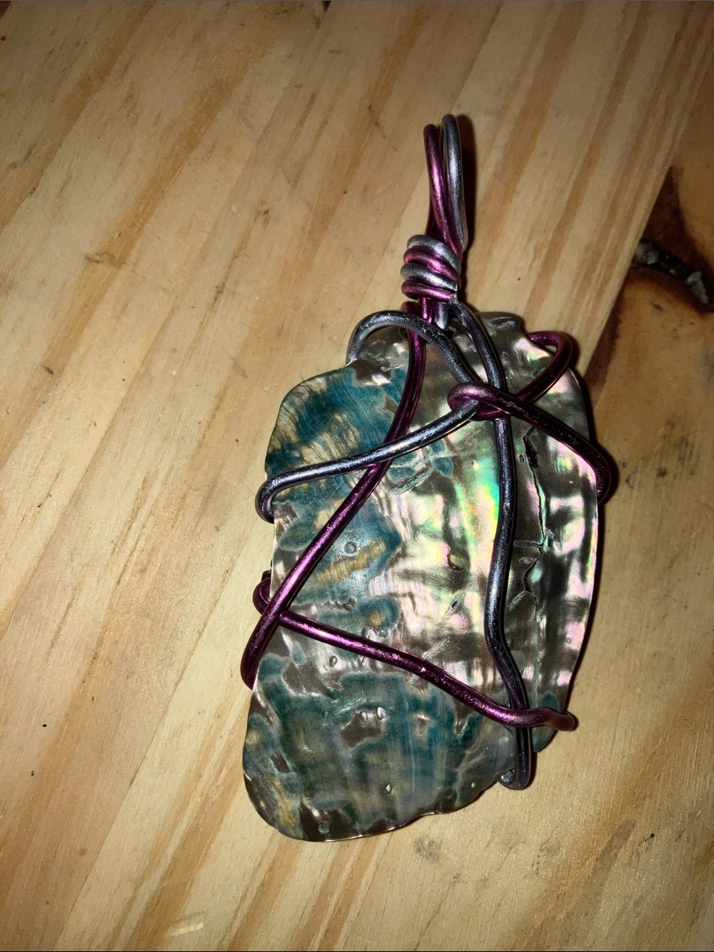 Hand Crafted Iridescent Abalone Pendant Wrapped in Purple and Silver Wire 3.5”
